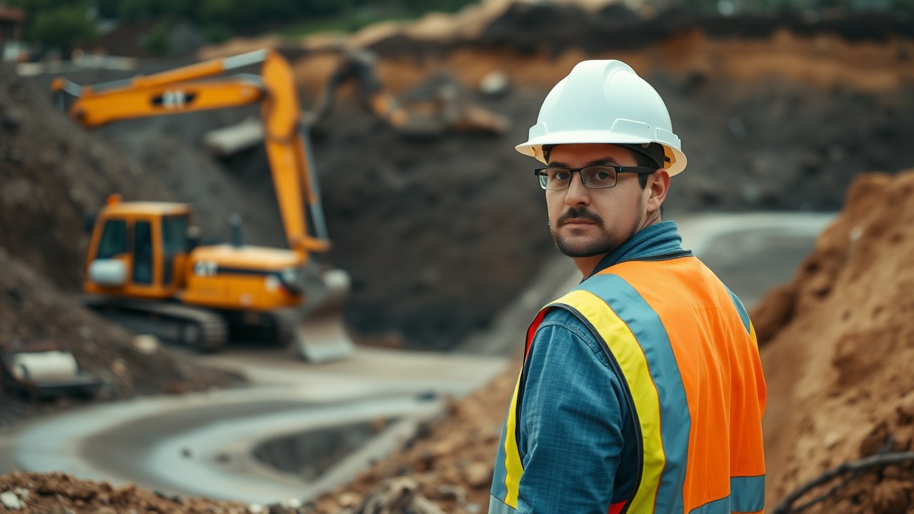 Contractor at an active job site excavation, representing pollution liability exposure on the ground